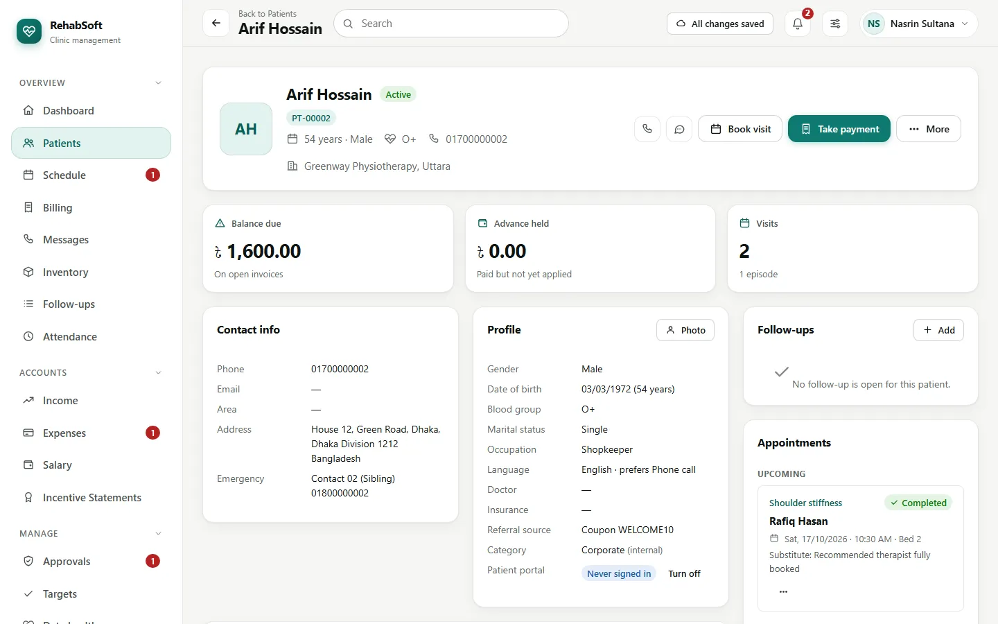 A patient's page with balance due, contact details, profile, follow-ups and appointments
