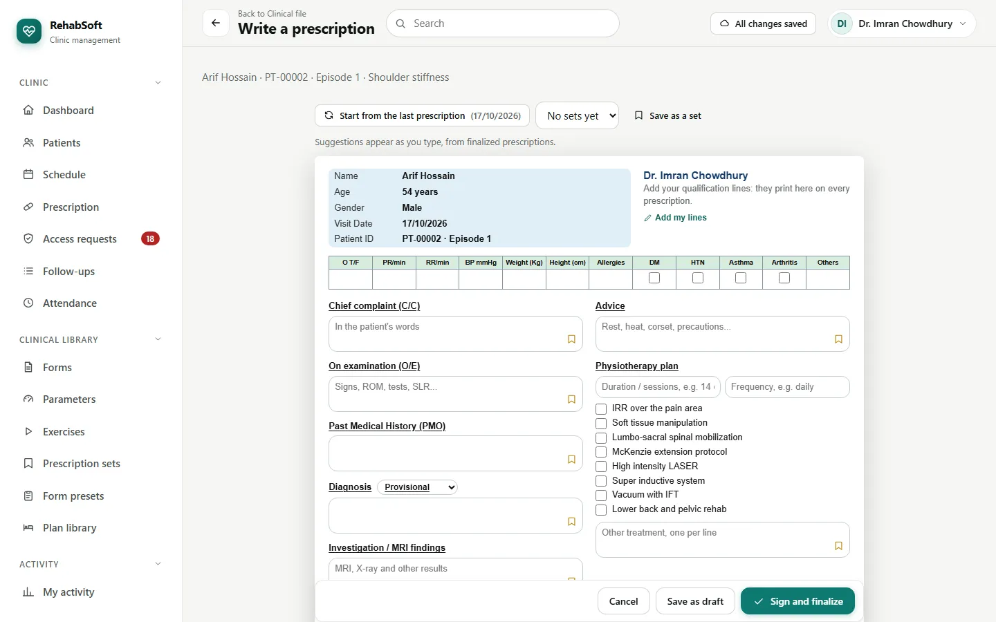 Writing a prescription on a screen laid out like the centre's A4 pad