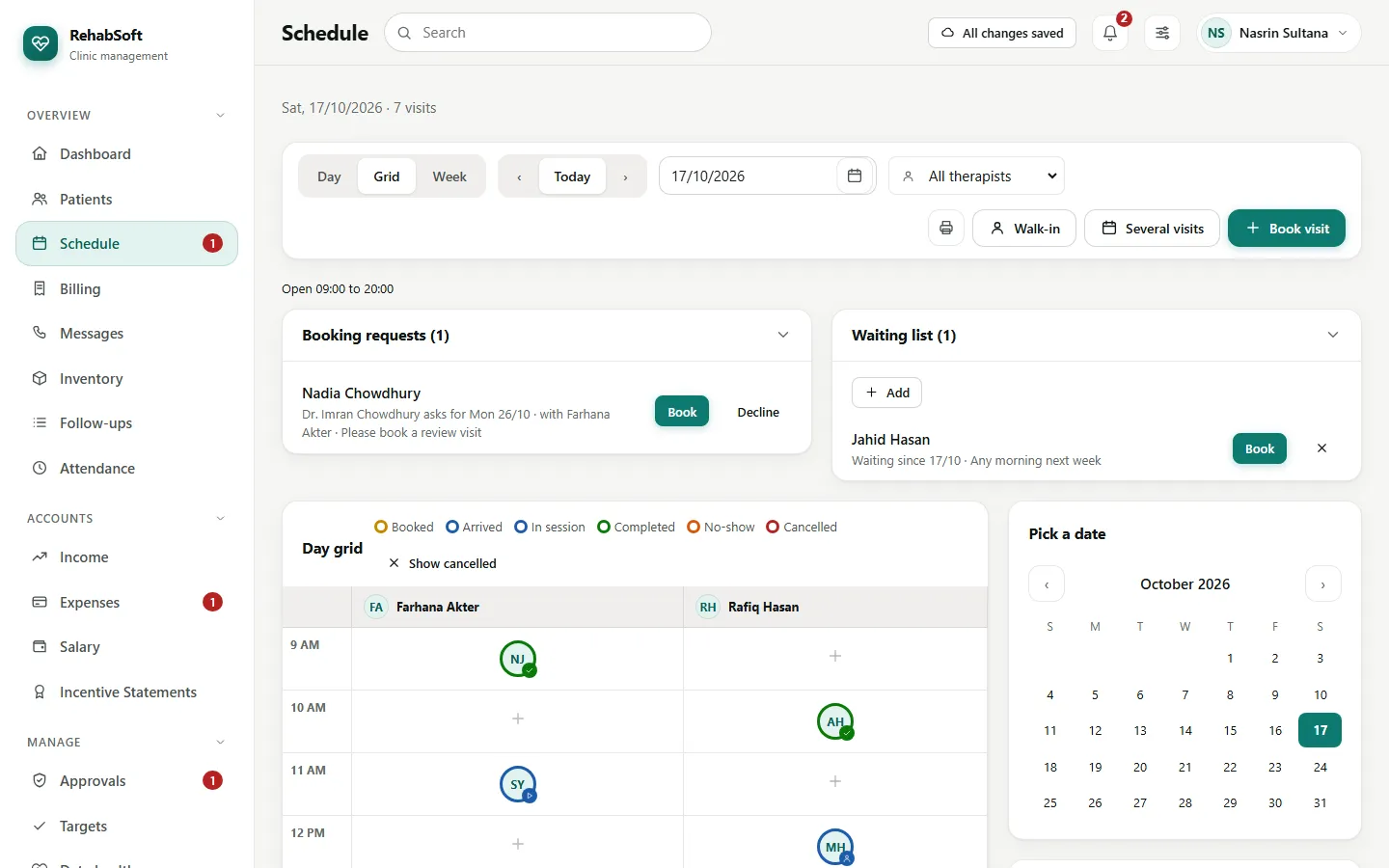 The schedule grid with one column per therapist and a round photo for each visit