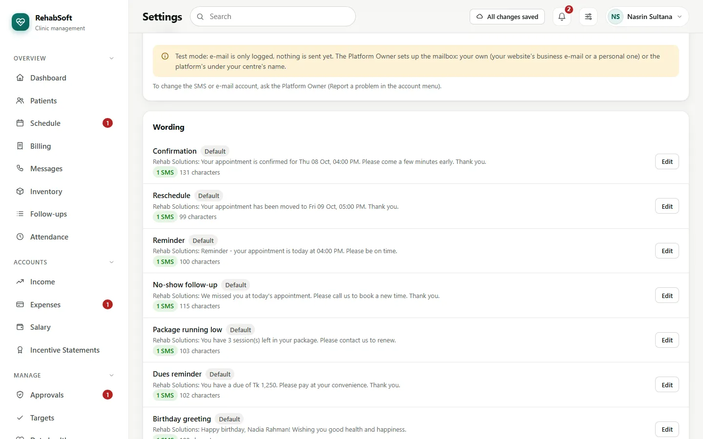 Messaging settings showing each text's length and SMS count